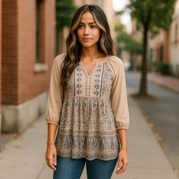 VINTAGE AMERICA Floral Peasant Top M Shirt Boho Woodstock Paisley 3/4 Sleeves - Picture 13 of 13